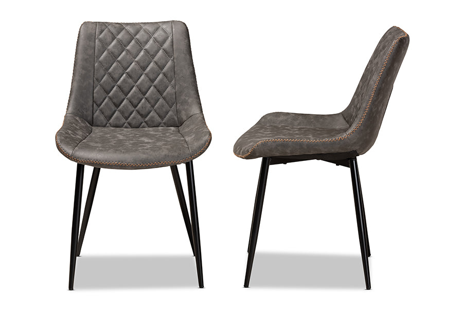 Baxton Studio Loire Modern and Contemporary Grey and Brown Faux Leather Upholstered Black Finished 2-Piece Dining Chair Set | Modishstore | Dining Chairs - 3