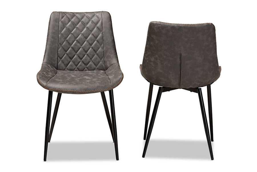 Baxton Studio Loire Modern and Contemporary Grey and Brown Faux Leather Upholstered Black Finished 2-Piece Dining Chair Set | Modishstore | Dining Chairs - 2