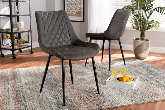 Baxton Studio Loire Modern and Contemporary Grey and Brown Faux Leather Upholstered Black Finished 2-Piece Dining Chair Set | Modishstore | Dining Chairs