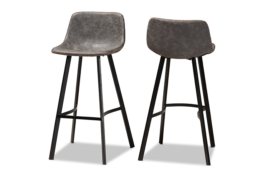 baxton studio tani rustic industrial grey and brown faux leather upholstered black finished 2 piece metal bar stool set | Modish Furniture Store-2
