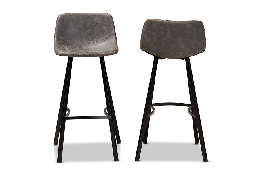 baxton studio tani rustic industrial grey and brown faux leather upholstered black finished 2 piece metal bar stool set | Modish Furniture Store-3