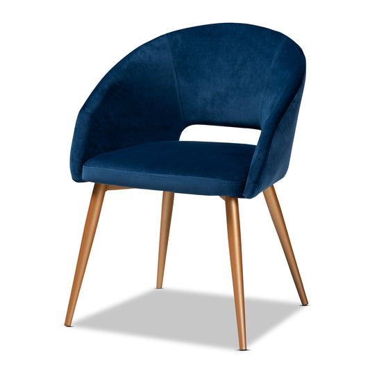 Baxton Studio Vianne Glam and Luxe Navy Blue Velvet Fabric Upholstered Gold Finished Metal Dining Chair | Dining Chairs | Modishstore