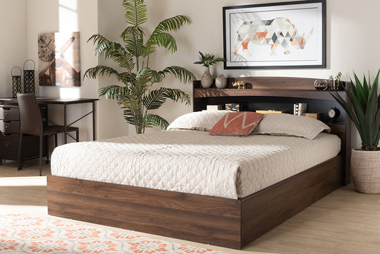 Baxton Studio Christopher Modern and Contemporary Rustic Walnut Brown Finished Wood Queen Size Platform Bed with Shelves | Beds | Modishstore