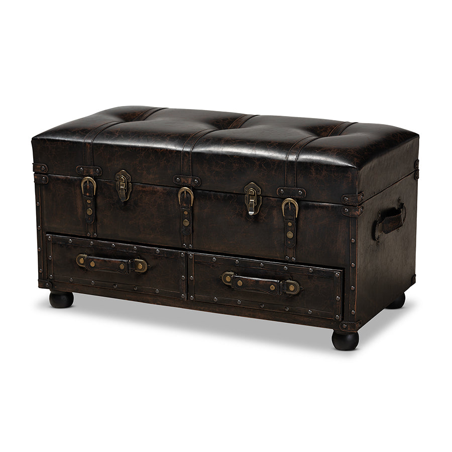 baxton studio callum modern transitional distressed dark brown faux leather upholstered 2 drawer storage trunk ottoman | Modish Furniture Store-2