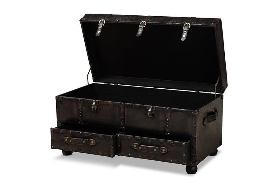 baxton studio callum modern transitional distressed dark brown faux leather upholstered 2 drawer storage trunk ottoman | Modish Furniture Store-3