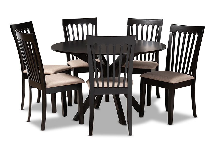 baxton studio lore modern and contemporary sand fabric upholstered and dark brown finished wood 7 piece dining set | Modish Furniture Store-2