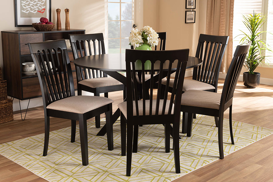 Baxton Studio Lore Modern and Contemporary Sand Fabric Upholstered and Dark Brown Finished Wood 7-Piece Dining Set | Modishstore | Dining Sets
