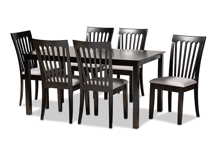 baxton studio minette modern and contemporary gray fabric upholstered and espresso brown finished wood 7 piece dining set | Modish Furniture Store-2
