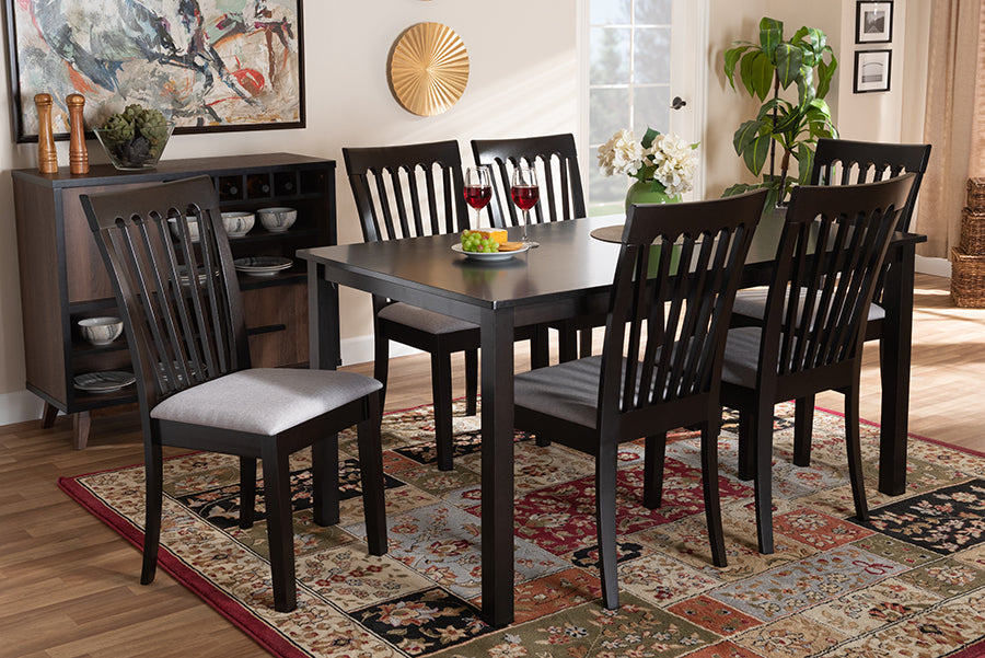 Baxton Studio Minette Modern and Contemporary Gray Fabric Upholstered and Espresso Brown Finished Wood 7-Piece Dining Set | Modishstore | Dining Sets