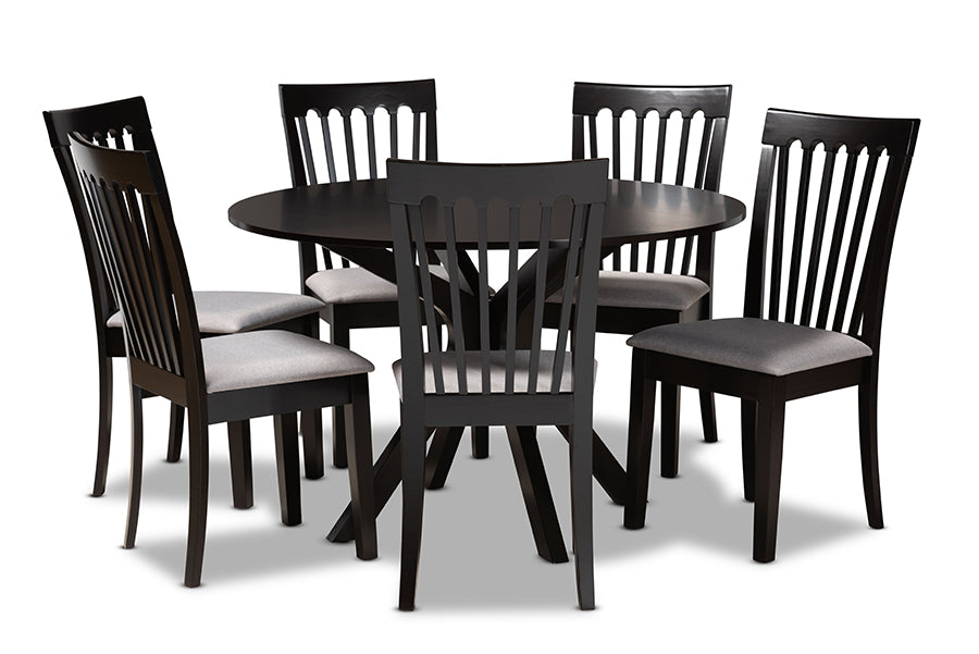 baxton studio lore modern and contemporary grey fabric upholstered and dark brown finished wood 7 piece dining set | Modish Furniture Store-2