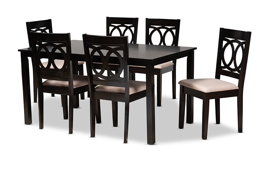baxton studio lenoir modern and contemporary sand fabric upholstered espresso brown finished wood 7 piece dining set | Modish Furniture Store-2
