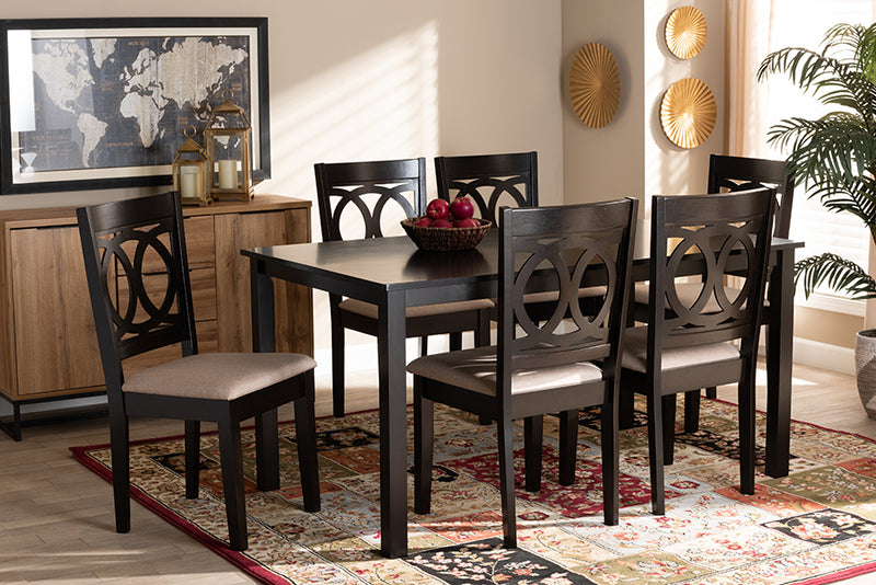 Baxton Studio Lenoir Modern and Contemporary Sand Fabric Upholstered Espresso Brown Finished Wood 7-Piece Dining Set | Modishstore | Dining Sets
