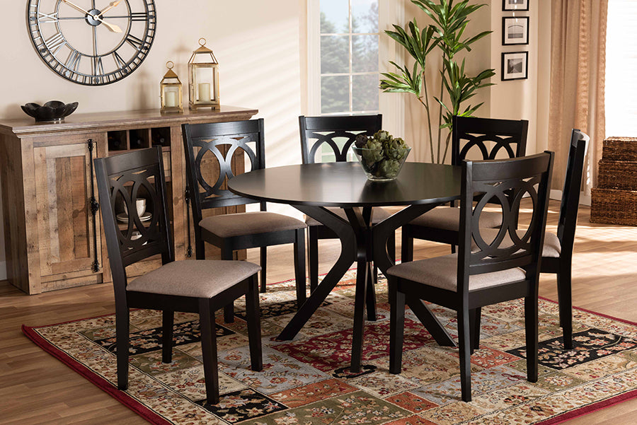 Baxton Studio Sanne Modern and Contemporary Sand Fabric Upholstered and Dark Brown Finished Wood 7-Piece Dining Set | Modishstore | Dining Sets