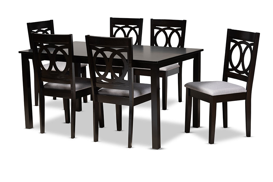 baxton studio lenoir modern and contemporary grey fabric upholstered espresso brown finished wood 7 piece dining set | Modish Furniture Store-2