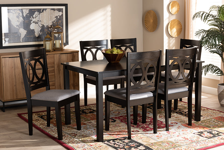 Baxton Studio Lenoir Modern and Contemporary Grey Fabric Upholstered Espresso Brown Finished Wood 7-Piece Dining Set | Modishstore | Dining Sets