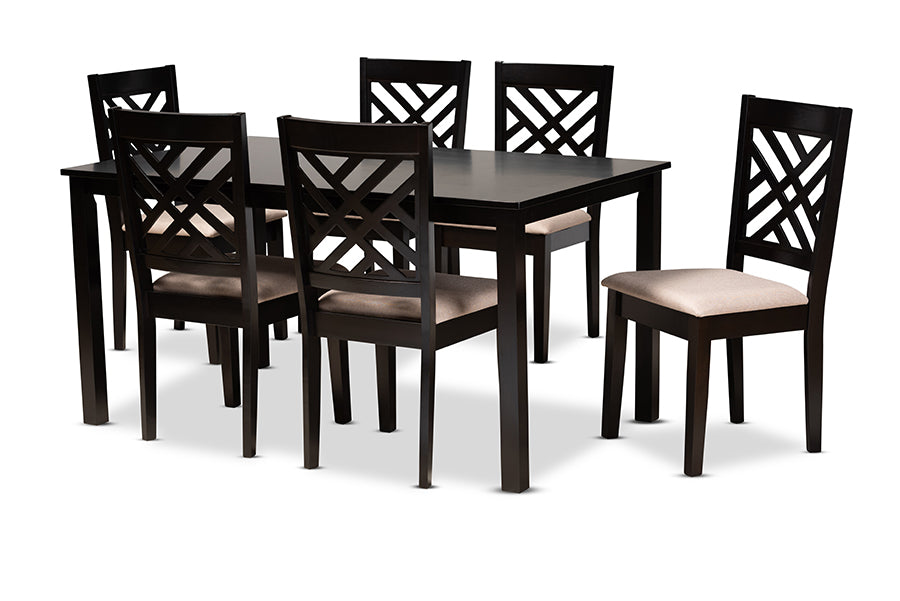 baxton studio caron modern and contemporary sand fabric upholstered espresso brown finished wood 7 piece dining set | Modish Furniture Store-2