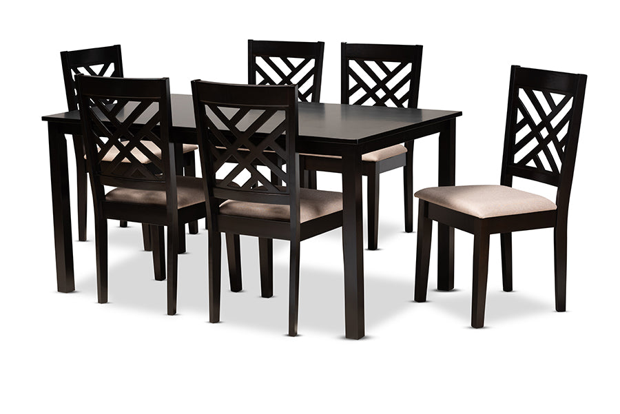 baxton studio caron modern and contemporary sand fabric upholstered espresso brown finished wood 7 piece dining set | Modish Furniture Store-2