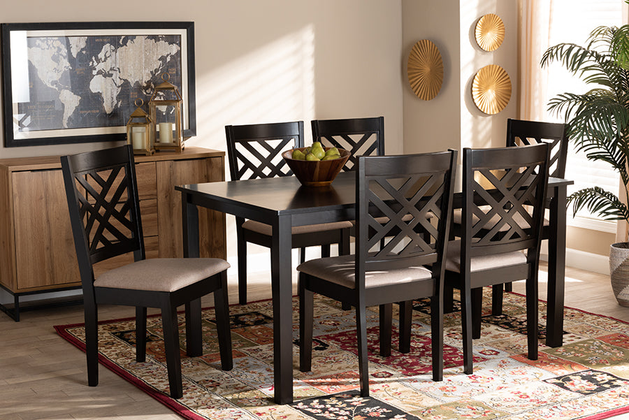 Baxton Studio Caron Modern and Contemporary Sand Fabric Upholstered Espresso Brown Finished Wood 7-Piece Dining Set | Modishstore | Dining Sets