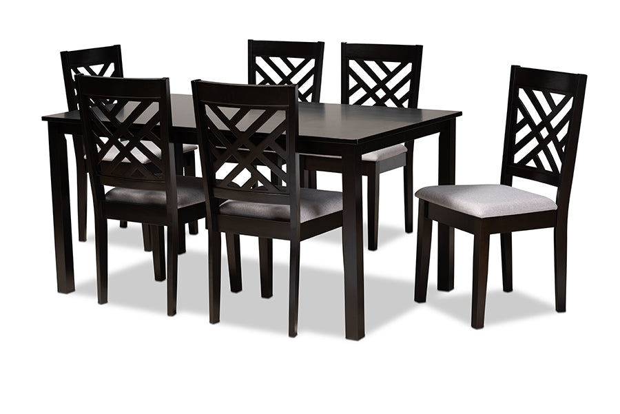 baxton studio caron modern and contemporary grey fabric upholstered espresso brown finished wood 7 piece dining set | Modish Furniture Store-2