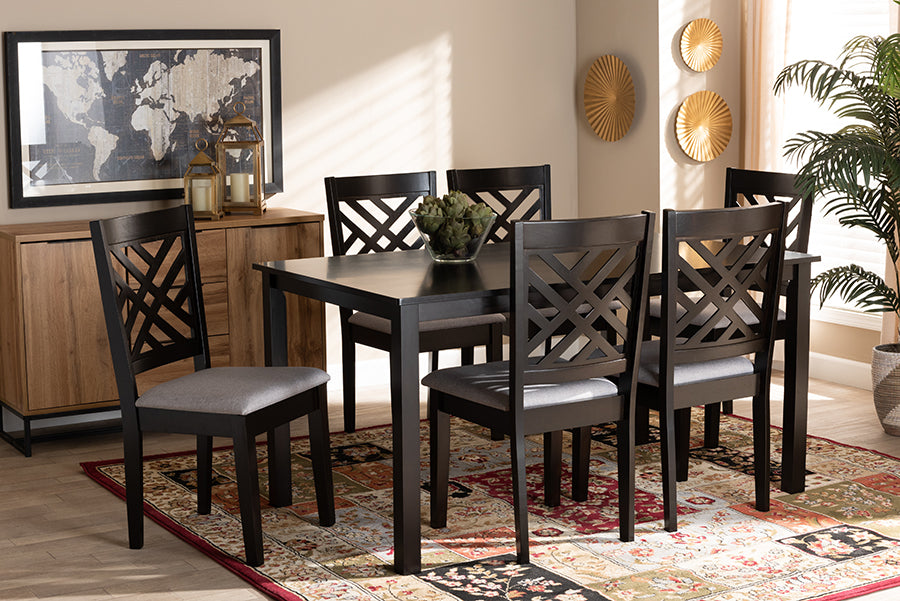 Baxton Studio Caron Modern and Contemporary Grey Fabric Upholstered Espresso Brown Finished Wood 7-Piece Dining Set | Modishstore | Dining Sets