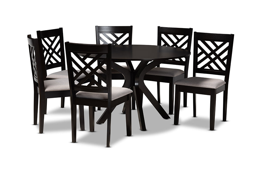 baxton studio norah modern and contemporary grey fabric upholstered and dark brown finished wood 7 piece dining set | Modish Furniture Store-2