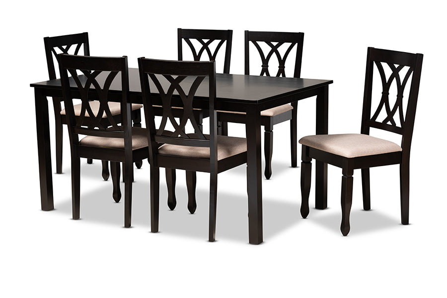 baxton studio reneau modern and contemporary sand fabric upholstered espresso brown finished wood 7 piece dining set | Modish Furniture Store-2