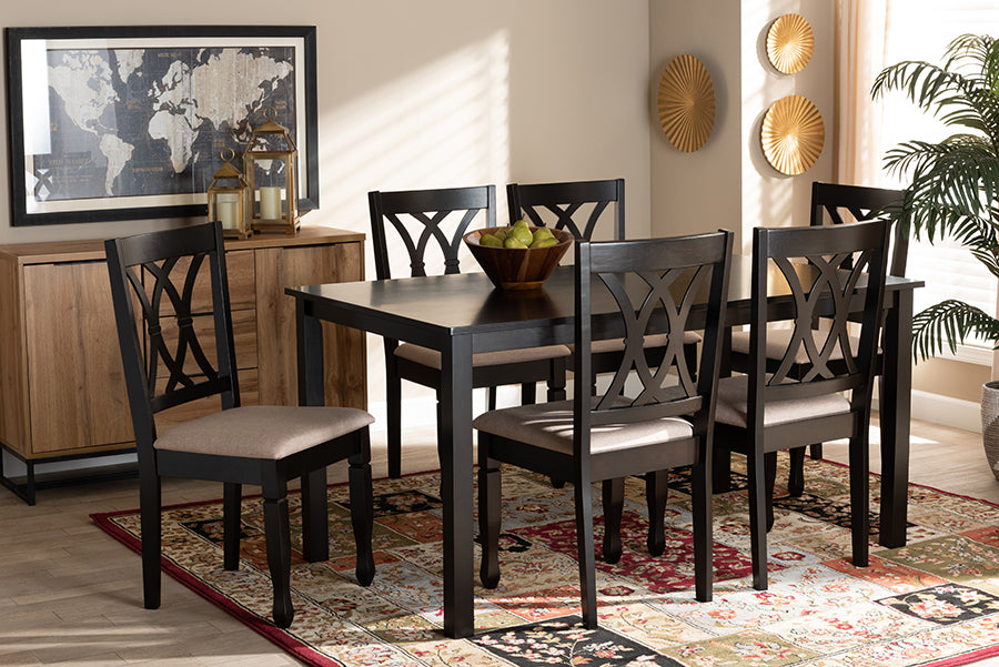 Baxton Studio Reneau Modern and Contemporary Sand Fabric Upholstered Espresso Brown Finished Wood 7-Piece Dining Set | Modishstore | Dining Sets
