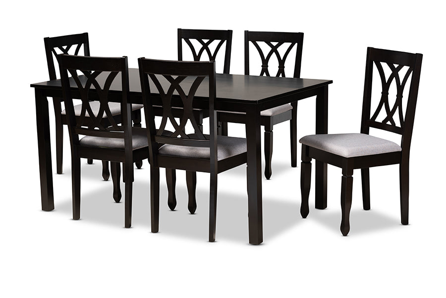 baxton studio reneau modern and contemporary grey fabric upholstered espresso brown finished wood 7 piece dining set | Modish Furniture Store-2