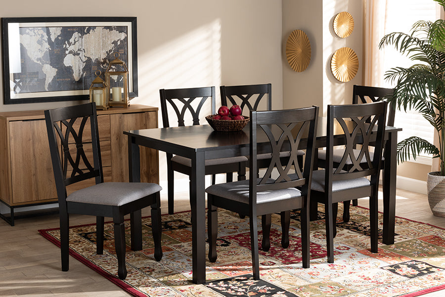 Baxton Studio Reneau Modern and Contemporary Grey Fabric Upholstered Espresso Brown Finished Wood 7-Piece Dining Set | Modishstore | Dining Sets