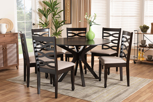 Baxton Studio Mila Modern and Contemporary Sand Fabric Upholstered Dark Brown Finished Wood 7-Piece Dining Set | Modishstore | Dining Sets