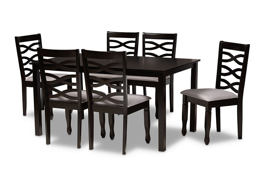 baxton studio lanier modern and contemporary grey fabric upholstered and dark brown finished wood 7 piece dining set | Modish Furniture Store-2