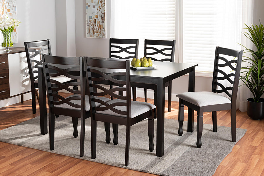 Baxton Studio Lanier Modern and Contemporary Grey Fabric Upholstered and Dark Brown Finished Wood 7-Piece Dining Set | Modishstore | Dining Sets