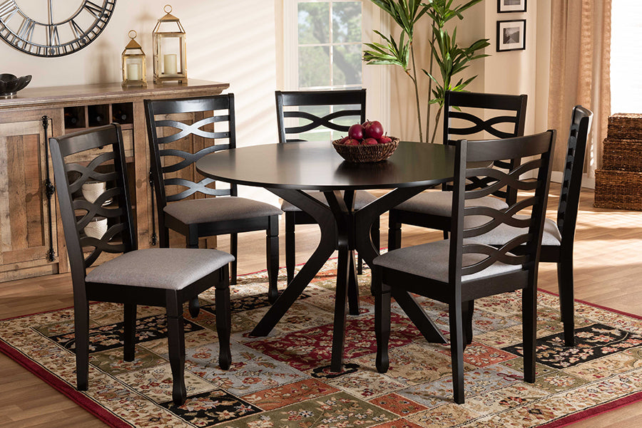 Baxton Studio Mila Modern and Contemporary Grey Fabric Upholstered and Dark Brown Finished Wood 7-Piece Dining Set | Modishstore | Dining Sets