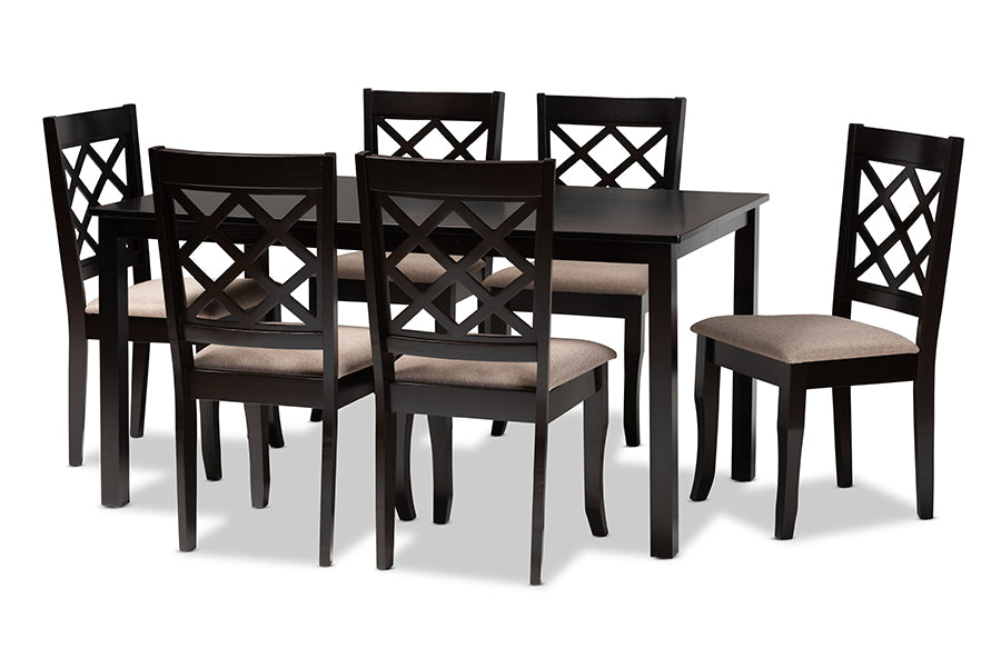 baxton studio verner modern and contemporary sand fabric upholstered dark brown finished 7 piece wood dining set | Modish Furniture Store-2