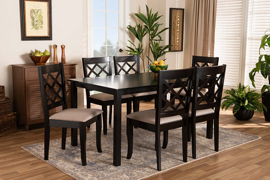 Baxton Studio Verner Modern and Contemporary Sand Fabric Upholstered Dark Brown Finished 7-Piece Wood Dining Set | Modishstore | Dining Sets
