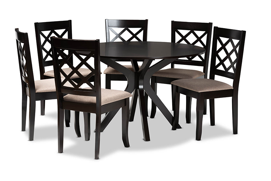 baxton studio jana modern and contemporary sand fabric upholstered and dark brown finished wood 7 piece dining set | Modish Furniture Store-2