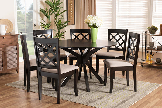 Baxton Studio Jana Modern and Contemporary Sand Fabric Upholstered and Dark Brown Finished Wood 7-Piece Dining Set | Modishstore | Dining Sets