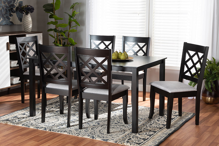 Baxton Studio Verner Modern and Contemporary Grey Fabric Upholstered and Dark Brown Finished Wood  7-Piece Dining Set | Dining Sets | Modishstore - 2