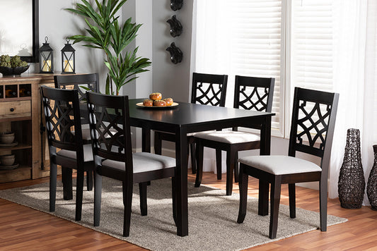 Baxton Studio Mael Modern and Contemporary Grey Fabric Upholstered and Dark Brown Finished Wood 7-Piece Dining Set | Modishstore | Dining Sets