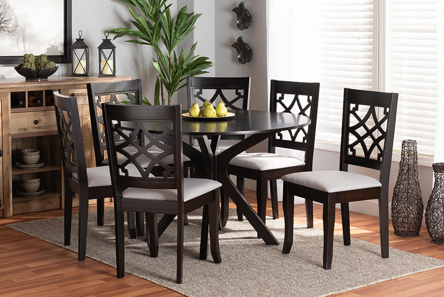 Baxton Studio Elena Modern and Contemporary Grey Fabric Upholstered and Dark Brown Finished Wood 7-Piece Dining Set | Modishstore | Dining Sets