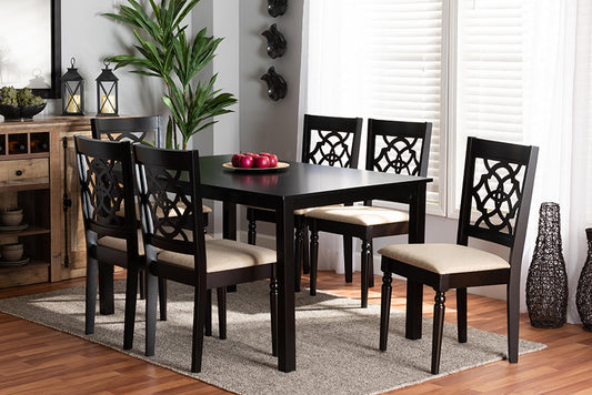 Baxton Studio Renaud Modern and Contemporary Sand Fabric Upholstered and Dark Brown Finished Wood 7-Piece Dining Set | Modishstore | Dining Sets