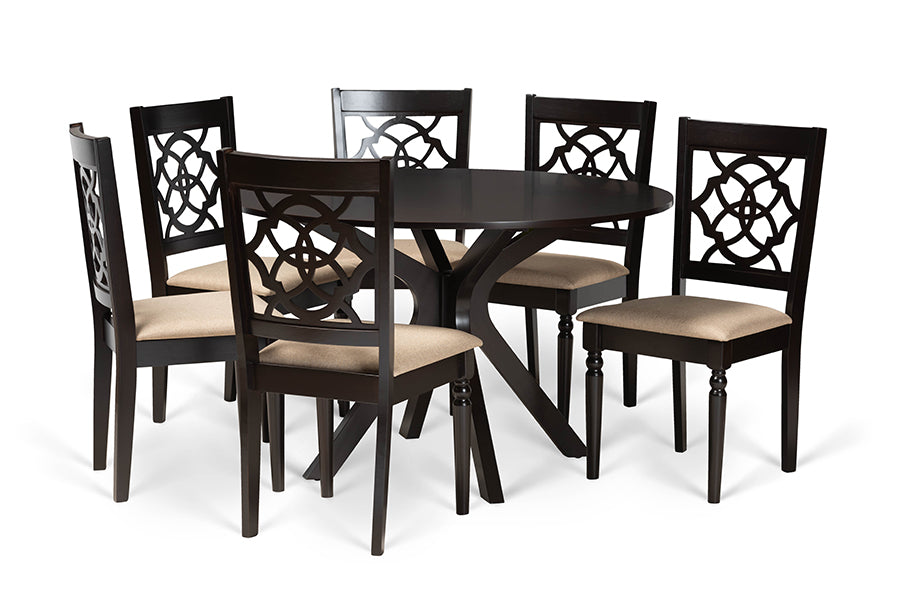 baxton studio sadie modern and contemporary sand fabric upholstered and dark brown finished wood 7 piece dining set | Modish Furniture Store-2