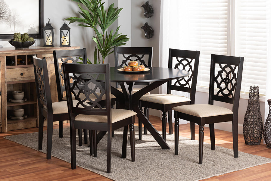 Baxton Studio Sadie Modern and Contemporary Sand Fabric Upholstered and Dark Brown Finished Wood 7-Piece Dining Set | Modishstore | Dining Sets