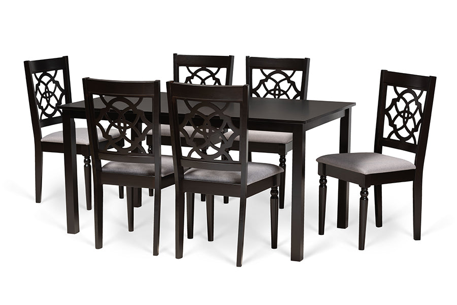 baxton studio renaud modern and contemporary grey fabric upholstered and dark brown finished wood 7 piece dining set | Modish Furniture Store-2