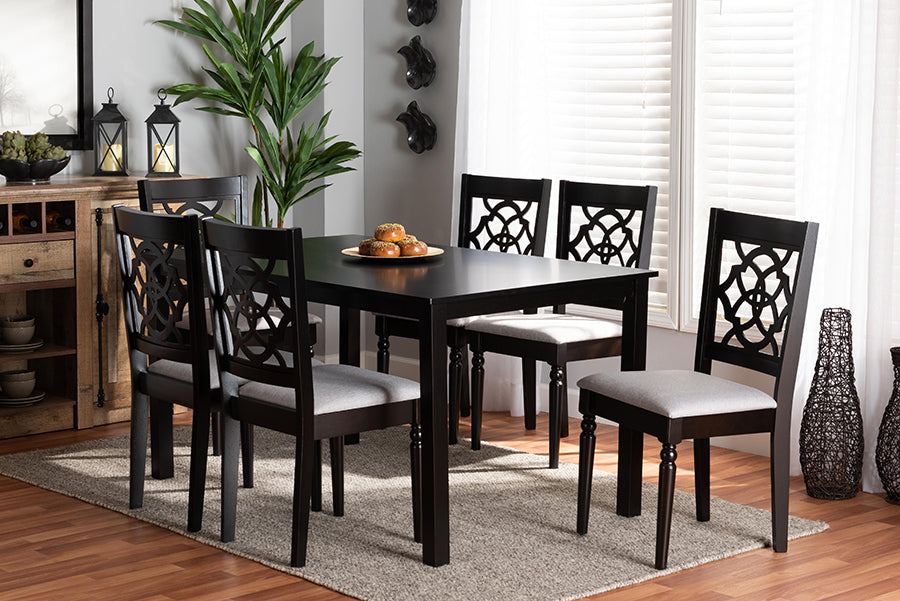 Baxton Studio Renaud Modern and Contemporary Grey Fabric Upholstered and Dark Brown Finished Wood 7-Piece Dining Set | Modishstore | Dining Sets