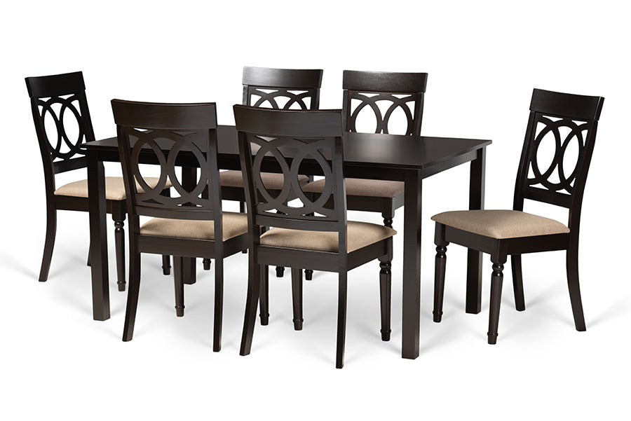 baxton studio lucie modern and contemporary sand fabric upholstered and dark brown finished wood 7 piece dining set | Modish Furniture Store-2