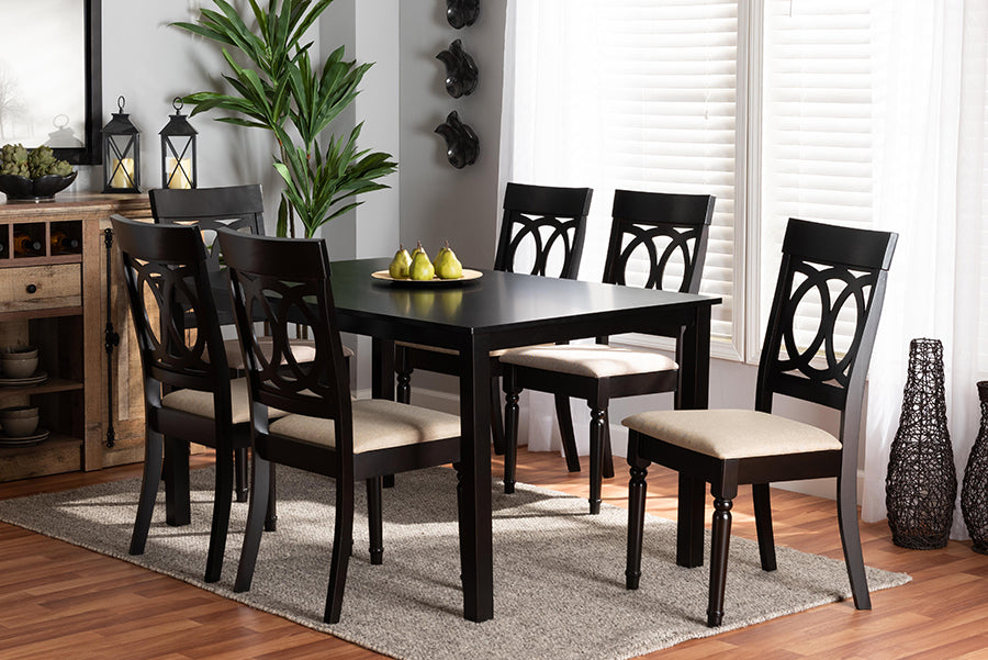 Baxton Studio Lucie Modern and Contemporary Sand Fabric Upholstered and Dark Brown Finished Wood 7-Piece Dining Set | Modishstore | Dining Sets