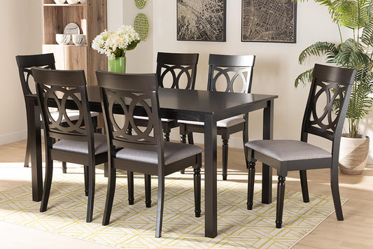 Baxton Studio Lucie Modern and Contemporary Grey Fabric Upholstered and Dark Brown Finished Wood 7-Piece Dining Set | Modishstore | Dining Sets