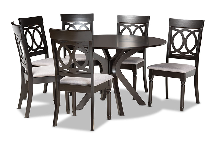 baxton studio jessie modern and contemporary grey fabric upholstered and dark brown finished wood 7 piece dining set | Modish Furniture Store-2