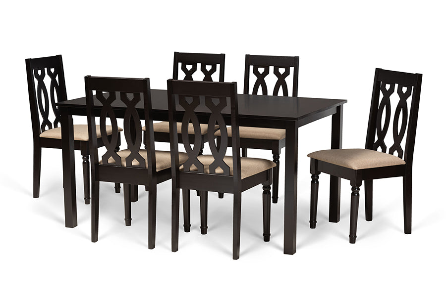 baxton studio cherese modern and contemporary sand fabric upholstered and dark brown finished wood 7 piece dining set | Modish Furniture Store-2